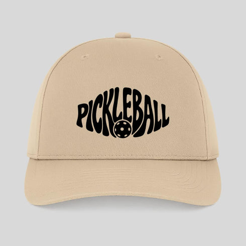 Beige cap with 'Pickleball' text and pickleball ball graphic on a light gray background